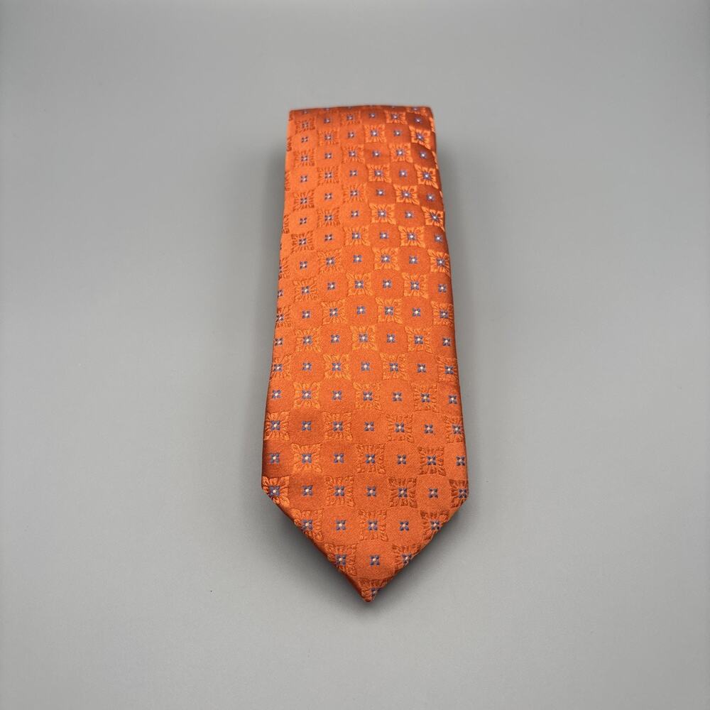 XMI Platinum Orange Geometric Pattern Silk Tie